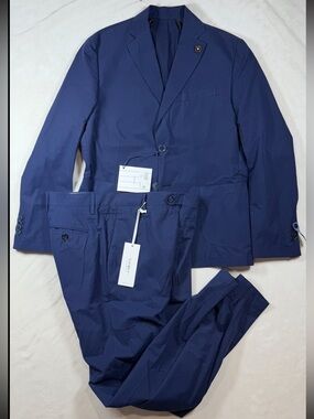 NWT Exibit La Sartoria EU50 40S 100% Cotton Made in Italy Dark Navy Suit Lux